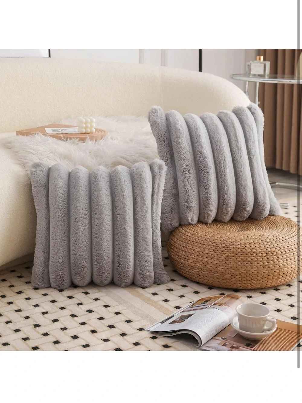 Grey Faux Fur Cozy Soft Striped Decorative Throw Pillow Covers 20x20 set of 2